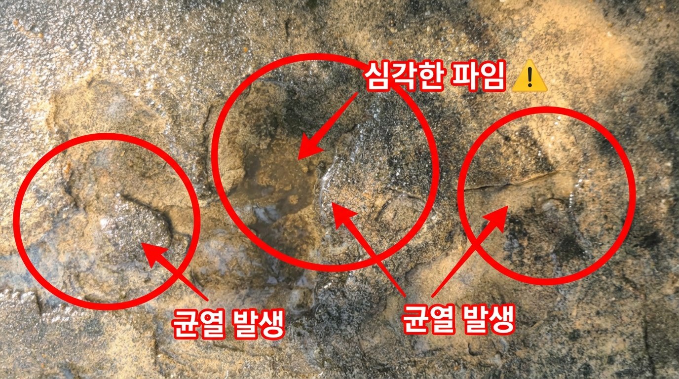 옥상 바닥 곰보 파임 — 심각한 손상 부위