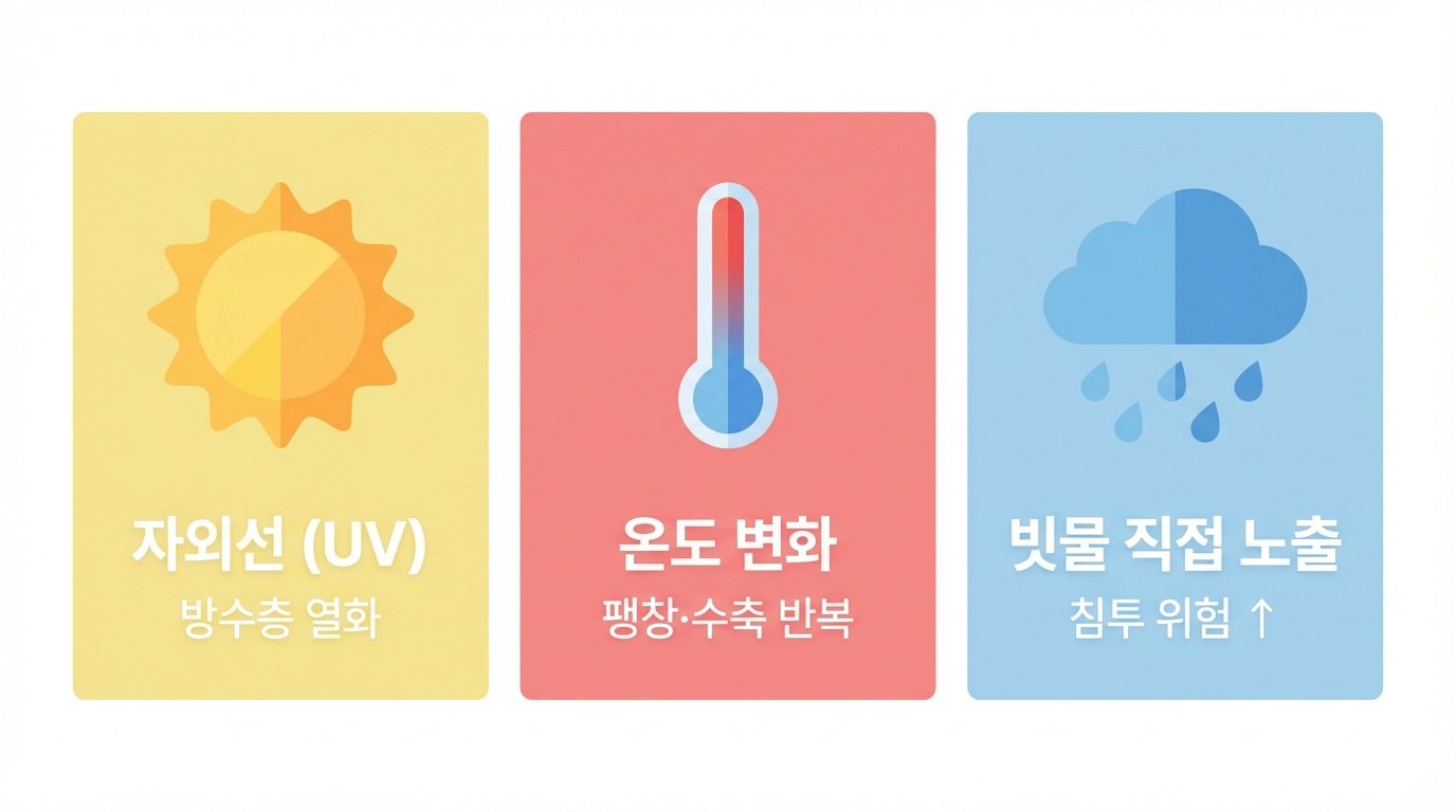 옥상 방수 3대 스트레스 — 자외선, 온도, 비