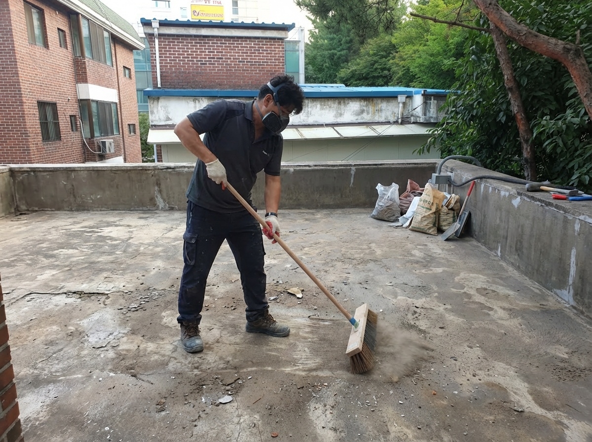 노후된 방수층 제거 및 바닥면 청소 작업 중