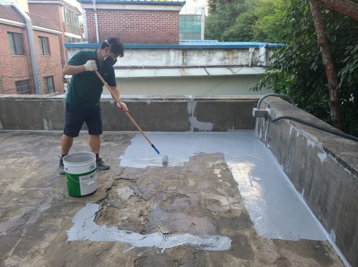 심한 요철 부위 우레탄으로 집중 보수 작업 중